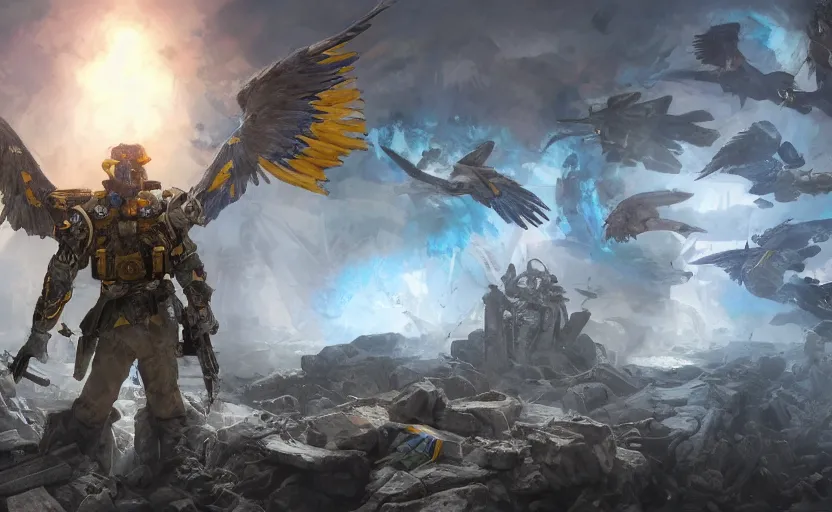 Image similar to A military super soldier with wings with a blue and yellow flag behind him is standing on a pile of skulls in triumph, concept art, сinematic lighting, insanely detailed, smooth, sharp focus, Artstation, 8k, unreal engine, hyper realistic, steampunk style, bright background, moonlight, volumetric lighting, wallpaper, digital illustration by Ruan Jia and Mandy Jurgens and Artgerm and Wayne Barlowe and Greg Rutkowski and Zdislav Beksinski