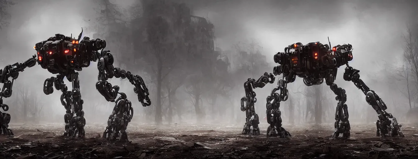 Image similar to image of terrific and creepy gigantic 8 - leg spider mech robot with volumetric lights, running and hunting remaining humans in a heavy rainy post - apocalyptic world, high detail, dramatic moment, motion blur, ground fog, dark atmosphere, saturated colors, by james paick, render unreal engine - h 7 0 4