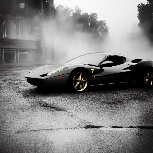 Image similar to Tifa Lockhart posing in front of a parked Ferrari, fog, rain, volumetric lighting, beautiful, golden hour, sharp focus, highly detailed, cgsociety