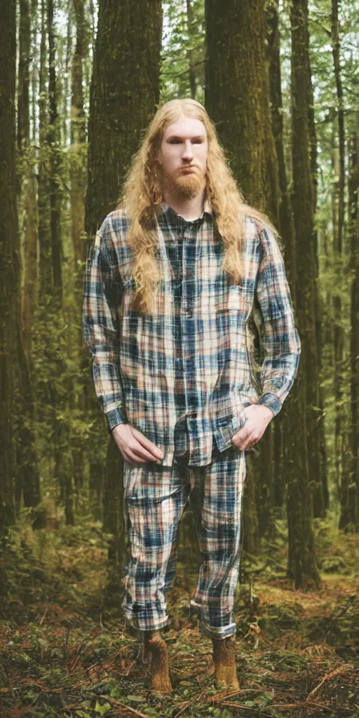 Image similar to tall!!! (((blond))) man wearing a flannel shirt in a forest, long wavy hair, long blond hair, blond, forest, trees, flannel shirt, lumbarjack, photo, low angle photo,