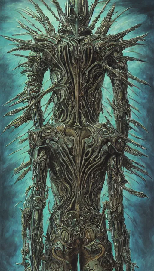 Prompt: Elden Ring and Guyver themed painting of cyber assassin symmetrical torso armor with crossed hands concept, intricate artwork by H.R. Giger, Johnatan Wayshak, Zdizslaw Beksinski, Ayami Kojima, Amano, Karol Bak, Moebius, and Mark Brooks, Neo-Gothic, gothic, rich deep colors, art by Takato Yamamoto, masterpiece, face by Artgerm, very coherent artwork, cinematic, hyper realism, high detail, octane render, unreal engine, 8k, High contrast, golden ratio, trending on cgsociety