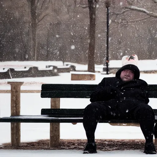 Image similar to Kevin Malone wearing a black beanie hat and black wool overcoat sitting on a park bench during the winter