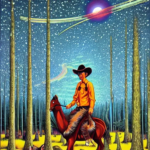 Prompt: psychedelic, trippy, broken cowboy, riding a goose, pine forest, planets, milky way, cartoon by rob gonsalves