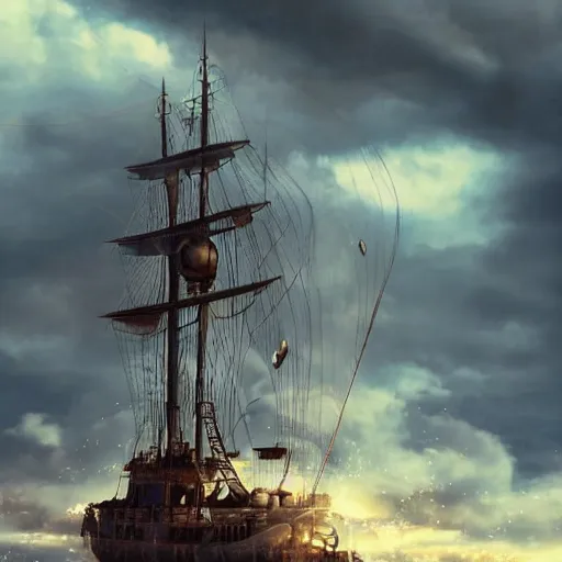 Prompt: cinematic shot a steam punk ship flying in the clouds, hyper realistic, mood lighting, fantasy, detailed face, highly detailed, super realistic, perfect lighting