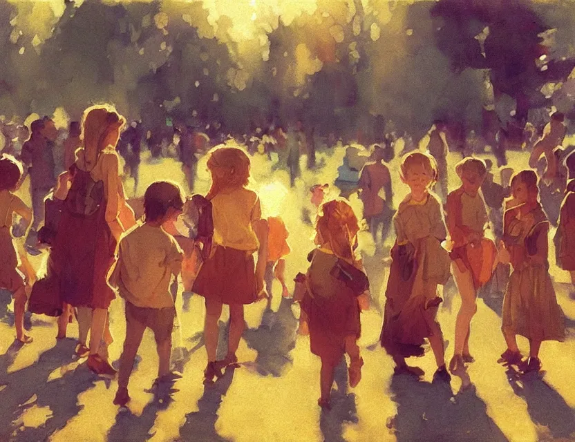 Prompt: kids on a summer festival, early morning, long distance photo, golden hour, bleach bypass, warm tones, beige colors, sunlight, digital 2 d, polaroid, high - key lighting, by lisa yuskavage, by serov valentin, by krenz cushart