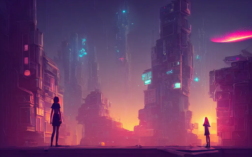 Image similar to girl staring at a meteorite hitting a floating cyberpunk city at night by wlop, low poly art, ultra detailed color art, high detail, digital art