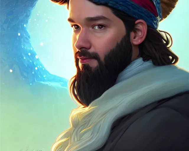 Image similar to a portrait of alexis ohanian as a wizard, wizard hat, handsome, deep focus, d & d, fantasy, intricate, elegant, highly detailed, digital painting, artstation, concept art, matte, sharp, illustration, hearthstone, art by artgerm and greg rutkowski and alphonse mucha