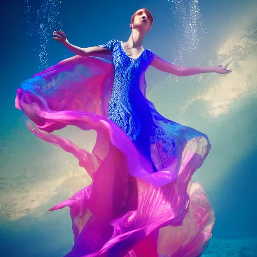 Prompt: woman dancing underwater wearing a flowing dress made of many layers of blue, magenta, and yellow translucent lace, elegant coral sea bottom, swirling silver fish, octane render, caustics lighting from above, cinematic