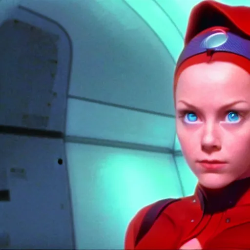 Prompt: Still of Cammy from Street Fighter in the movie 2001 A Space Odyssey, inside the spaceship, cinematic lighting, 4k