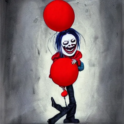 Prompt: grunge cartoon painting of billie eilish with a wide smile and a red balloon by chris leib, loony toons style, pennywise style, horror theme, detailed, elegant, intricate