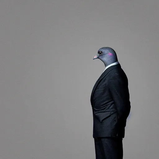 Prompt: a pigeon in a suit standing in profile, author portrait