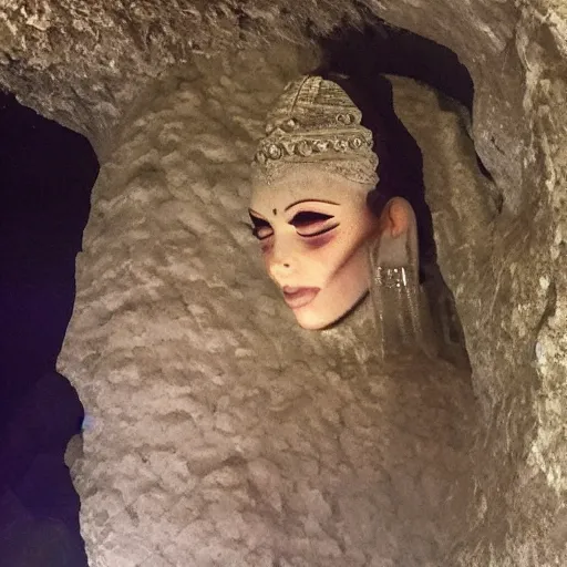 Prompt: mysterious goddess whispering in cave, ali cavanaugh style