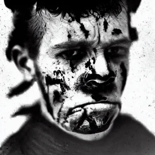 Image similar to close up photo portrait of a 19th century young ugly clean-face brutal male angry gangster with scars by Diane Arbus and Louis Daguerre