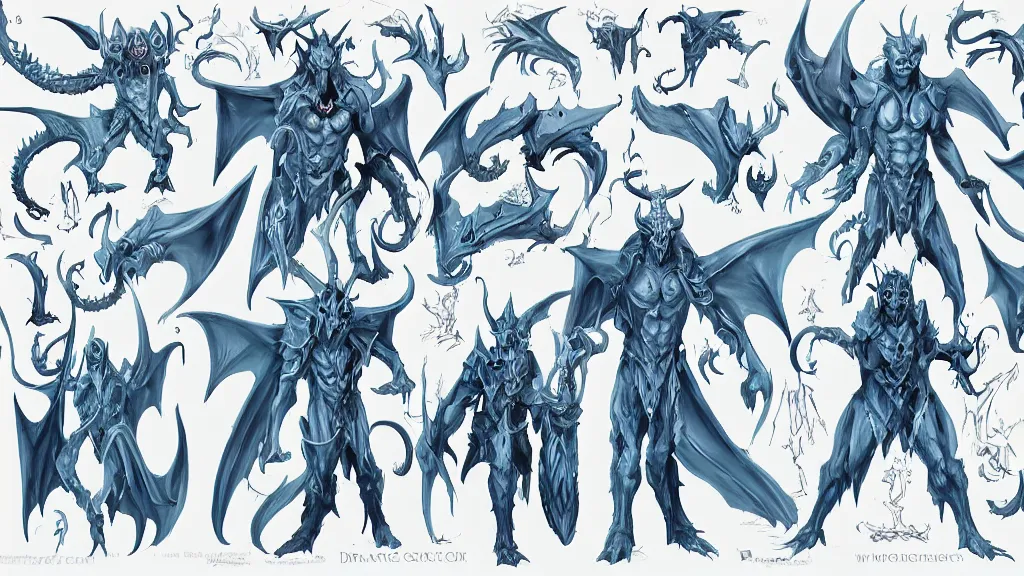 Image similar to a fantasy white and pale blue draconian demon with bright eyes character design sheet, trending on artstation