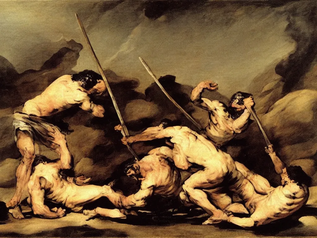 Prompt: Cain kills Abel with a spear by francisco goya, mythological painting, oil painting