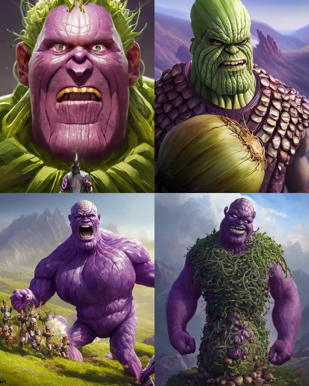 Prompt: onion thanos covets the largest onion standing on a mountain and smiling, character portrait, ultra realistic, concept art, intricate details, highly detailed by greg rutkowski, ilya kuvshinov, gaston bussiere, craig mullins, simon bisley, proud onion hybrid thanos, surrounding onions and garlic, onion thanos laughing