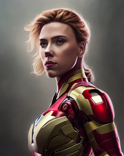 Image similar to 5 5 mm portrait photo of scarlett johansson as iron man. magical atmosphere. art by artgerm and greg rutkowski. highly detailed 8 k. intricate. lifelike. soft light. nikon d 8 5 0.