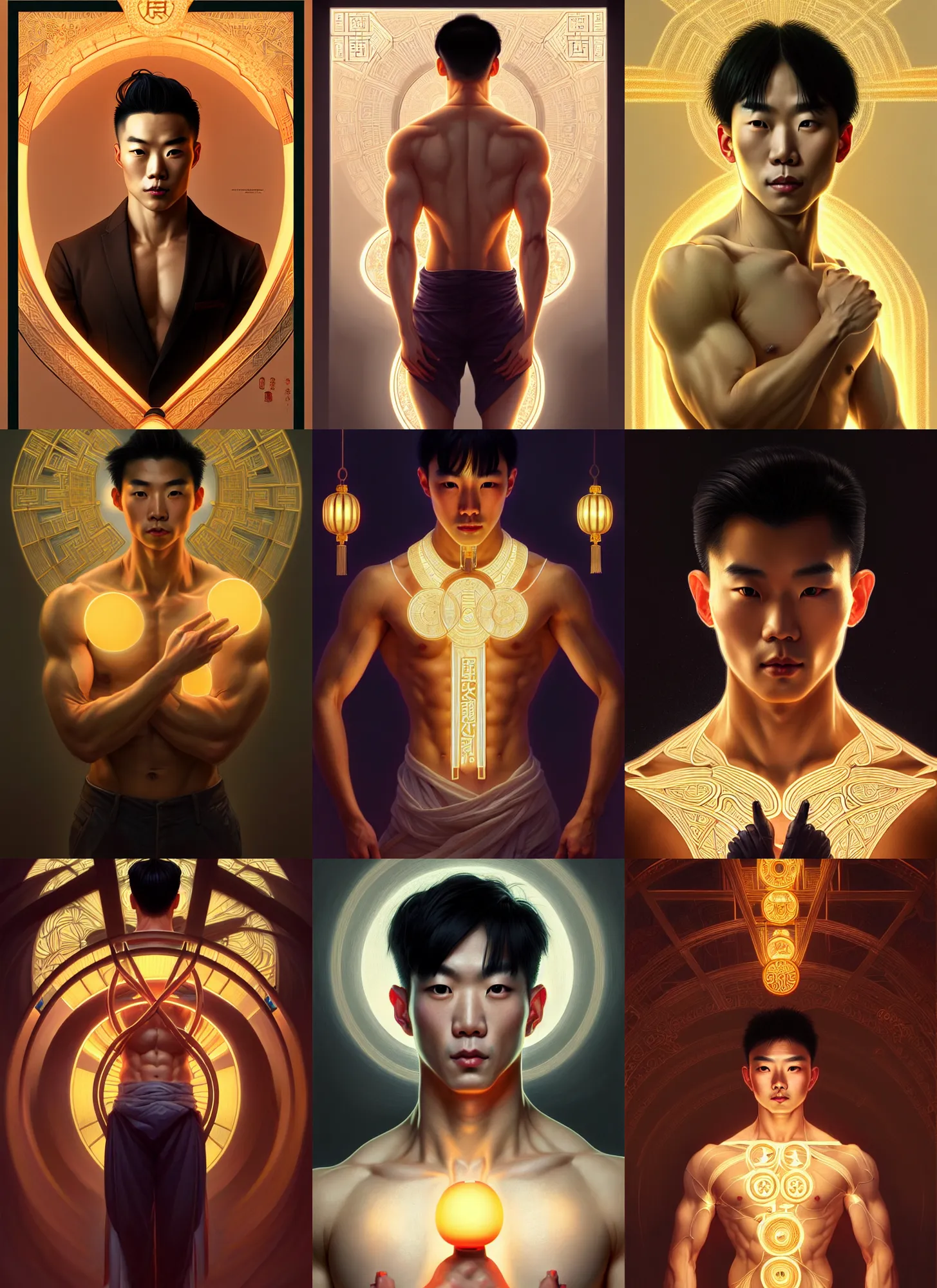 Image similar to symmetry!! portrait of a chinese attractive men, cottagecore!! fitness body, glowing lights!! intricate, elegant, highly detailed, digital painting, artstation, concept art, smooth, sharp focus, illustration, art by artgerm and greg rutkowski and alphonse mucha