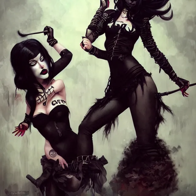 Prompt: two beautiful goth girls fighting slavery cosplay with black hair in fully tattooed body and clothes fully on, big red lips, black eye makeup, art by gennady ulybin and wlop and stanley lau and artgem and magali villeneuve and karol bak, trending on artstation