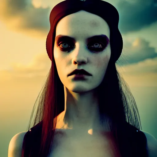 Image similar to photographic portrait of a stunningly beautiful english emo gothic female in soft dreamy light at sunset, soft focus, contemporary fashion shoot, in a tim burton movie, by edward robert hughes, annie leibovitz and steve mccurry, david lazar, jimmy nelsson, extremely detailed, breathtaking, hyperrealistic, perfect face, octane render