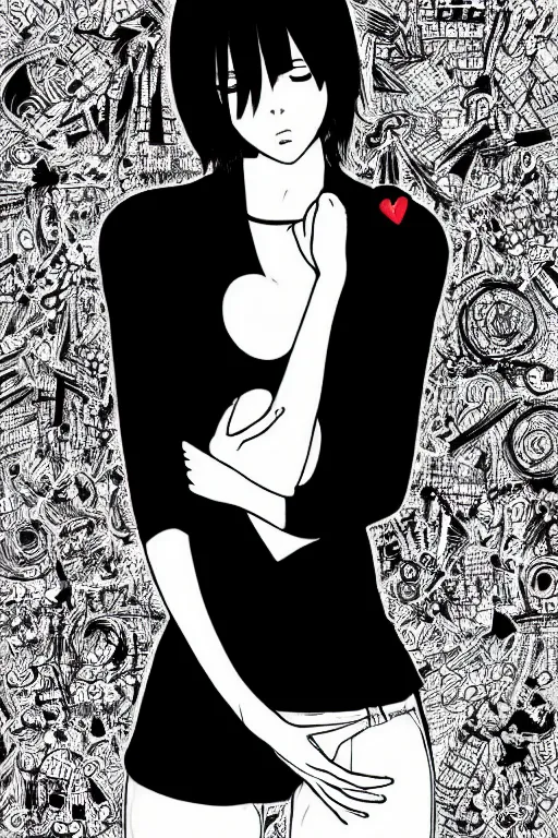 Image similar to portrait of a girl in long pants and a top, hands in pockets, eyes closed, red heart shaped tattoo on the right hand, bob haircut, digital art, black and white, detailed illustration by junji ito and kaoru mori