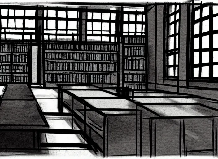 Prompt: Anime sketch, library