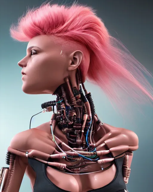 Image similar to portrait of a beautiful tanned woman with pink hair as a cyberpunk cyborg half robot, revealing wires and electronics, hooked - up, sci - fi, missing panels, intricate abstract upper body intricate artwork, concept art, octane render, deviantart, cinematic, key art, hyperrealism, iridescent accents, portrait photograph, nikon 3 5 mm, photograph by greg rutkowski