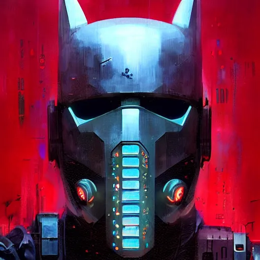 Image similar to cyberpunk batman with fullface mask, red logo, moody, futuristic, city background, brush strokes, oil painting, greg rutkowski
