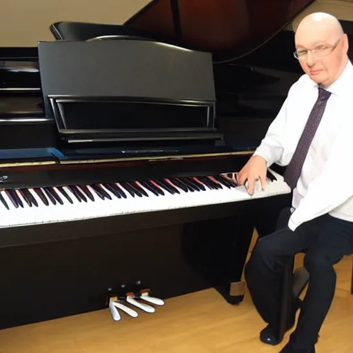 Image similar to Well groomed kidney transplant expert playing profkofiev on the piano.