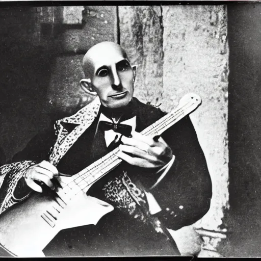 Image similar to vintage photograph of count orlok outside his castle, playing the blues on banjo, castle in the background, 4 k