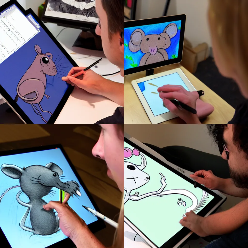 Prompt: a rat animator working on a wacom tablet