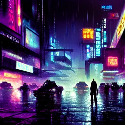 Image similar to photo of a rundown seedy futuristic city scene at night with bright neon lights, raining, bladerunner, sci fi splash art by craig mullins, greg rutkowski