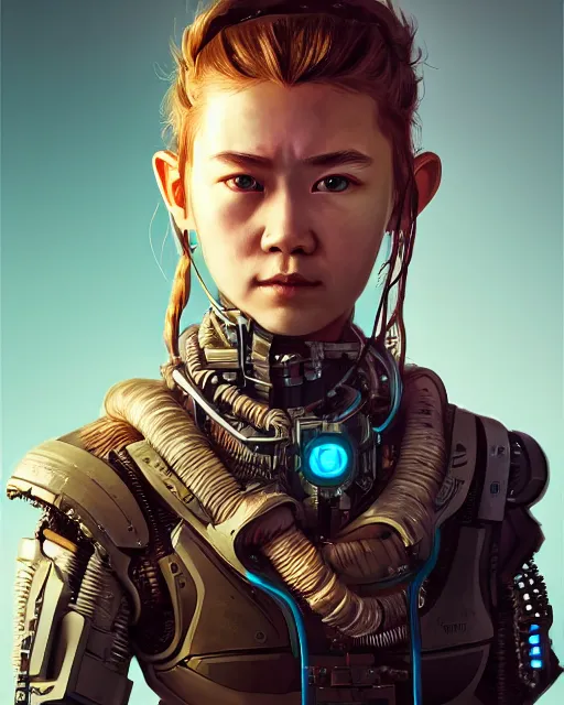 Prompt: portrait of Aloy as a cyborg. intricate abstract. intricate artwork. by Tooth Wu, wlop, beeple, dan mumford. octane render, trending on artstation, greg rutkowski very coherent symmetrical artwork. cinematic, hyper realism, high detail, octane render, 8k, iridescent accents