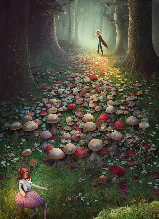 Prompt: alice in wonderland mushrooms detailed clothing, half body shot, arms down, path traced, highly detailed, high quality, digital painting, alena aenami, arnold bocklin, tom bagshaw