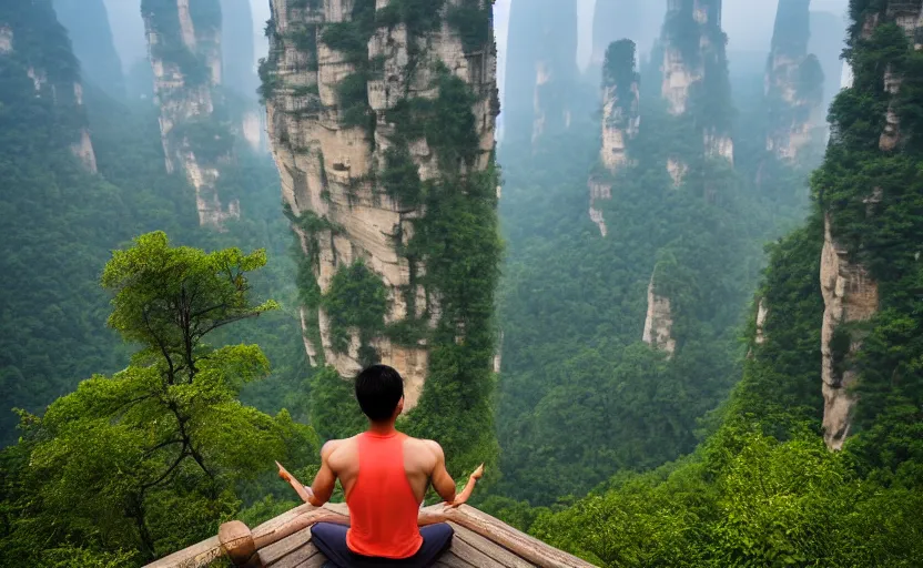 Prompt: zhangjiajie scenic area, foggy, a boy in yoga clothes meditating on the top of the mountain, focus on meditating, movie texture, 4 k, avatar movie style