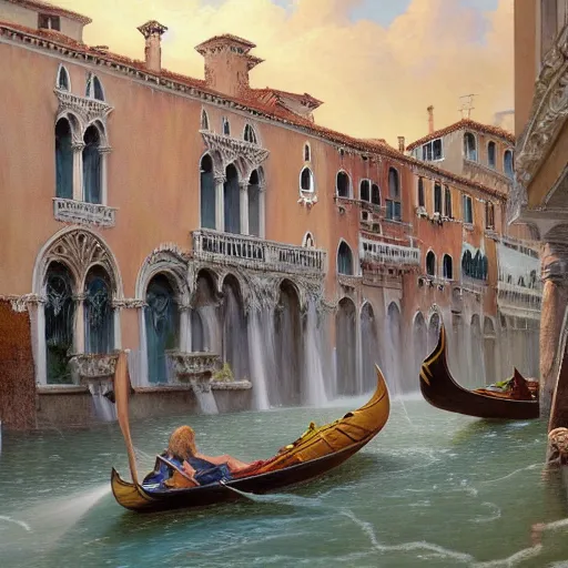 Image similar to a painting of a village in the sky with waterfalls, venice, open windows, godrays, chandelier, pillars of marble, waterfalls, small canoes, art by JohannesVoss, Donato Giancola, Aleksi Briclot, trending on artstation