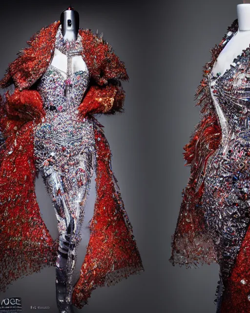 Prompt: a beautiful hyperrealistic ultradetailed, one model a magnificent McQueen couture bright clothes, photo studio, studio photography, studio light, photo for magazine, Designer clothes, futuristic clothes, voge photo, fashion style, enhanced sharpness, glamorous shine