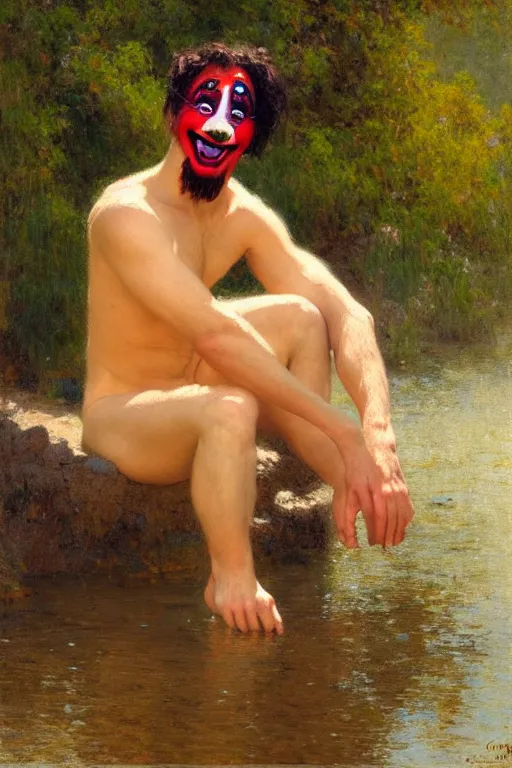 Image similar to attractive man by a river, bright sunlight, oil covered skin, wearing a clown wig and clown makeup, painting by gaston bussiere, craig mullins