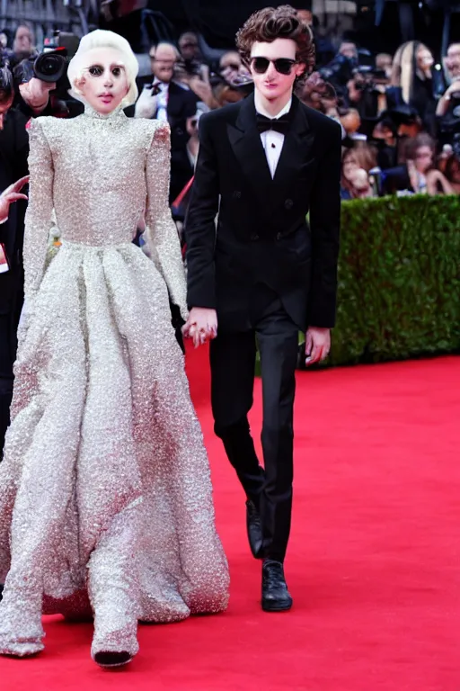 Image similar to timothee chalamet and lady gaga holding hands on the red carpet, beautiful detailed faces