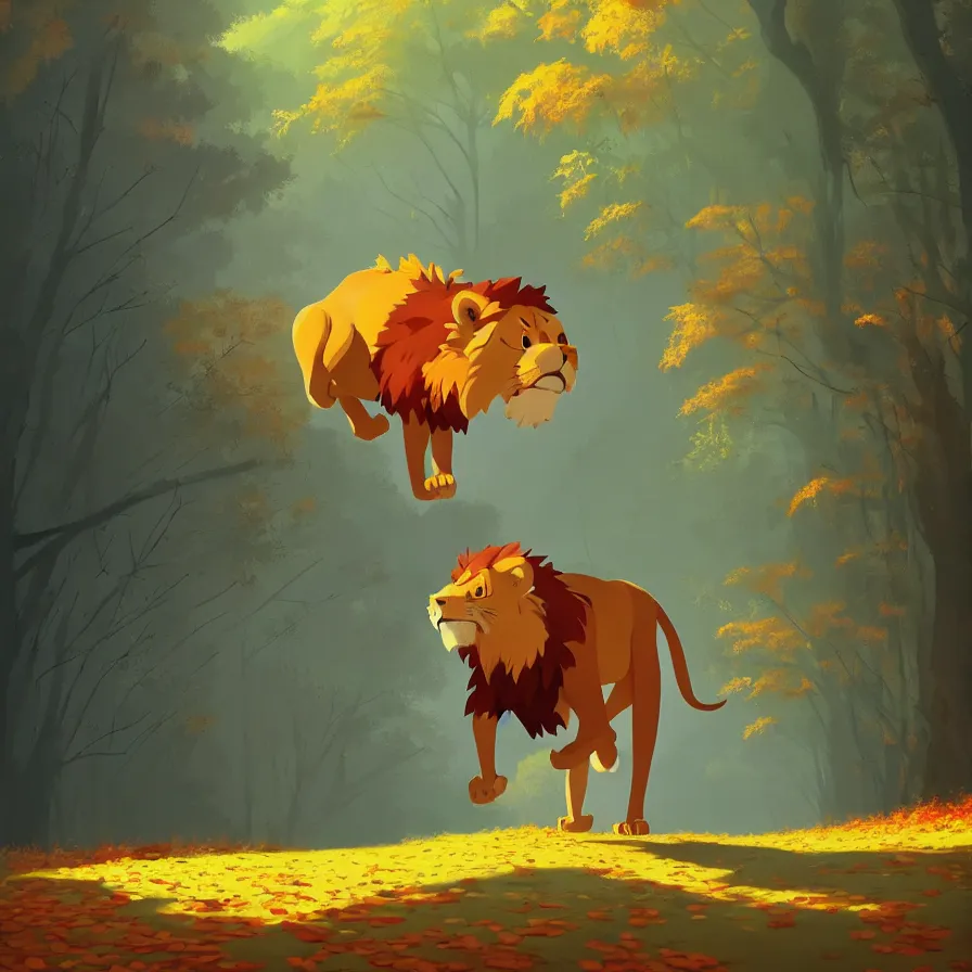 Prompt: Goro Fujita illustrating a lion walking through a beautiful autumn forest, art by Goro Fujita, sharp focus, highly detailed, ArtStation