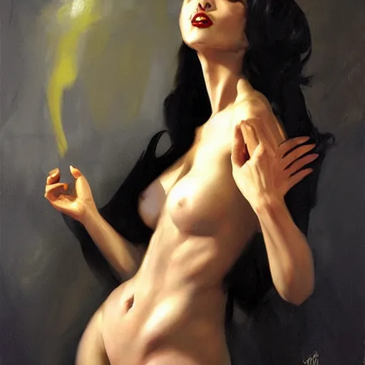 Prompt: greg manchess portrait painting of a sexy female vampyie medium shot, asymmetrical, profile picture, organic painting, night time, matte painting, bold shapes, hard edges, street art, trending on artstation, by huang guangjian and gil elvgren and sachin teng