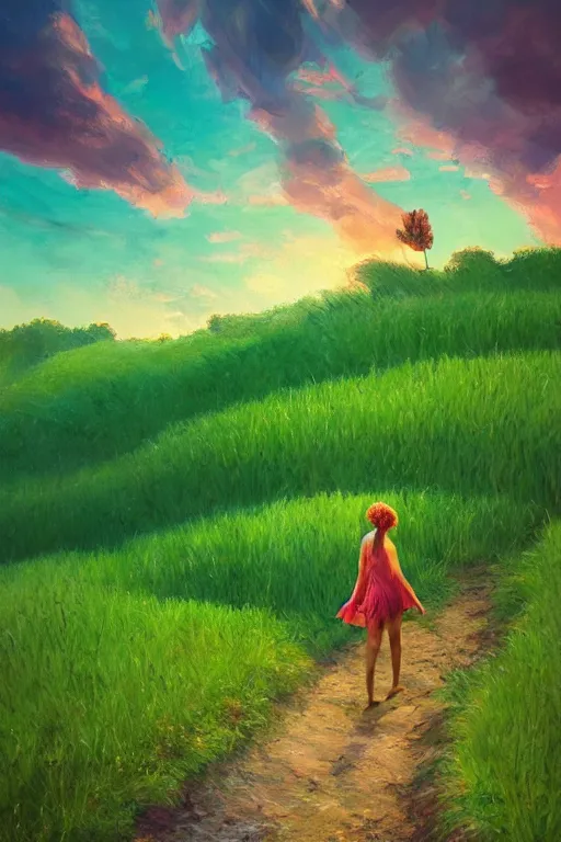 Image similar to giant corn flower head, girl walking in a green valley, surreal photography, sunrise, dramatic light, impressionist painting, colorful clouds, digital painting, artstation, simon stalenhag