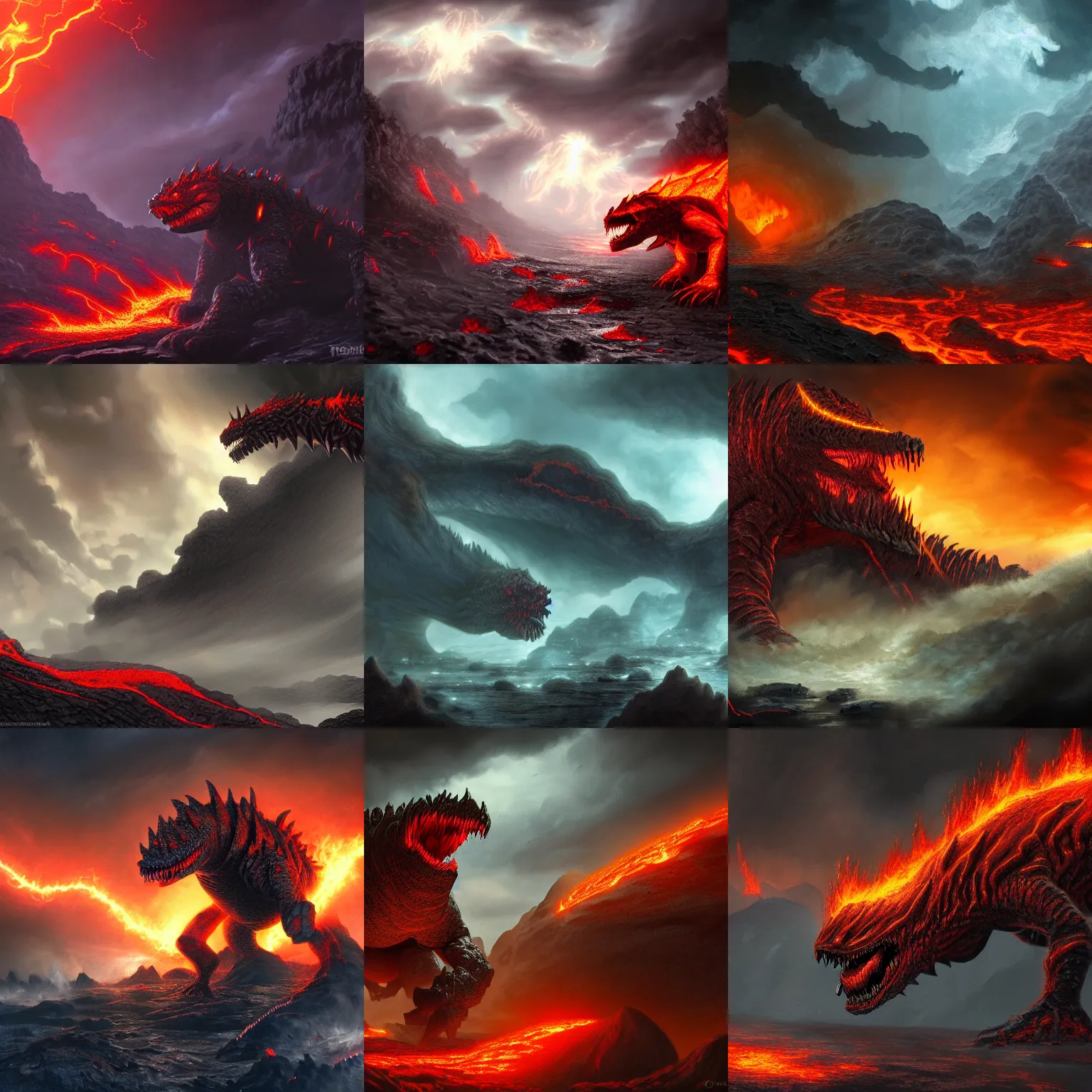 Prompt: furious tarrasque running over earthquakes and rivers of lava in the middle of a cataclysm, huge storm, moody, dramatic lighting, d & d, epic, fantasy art, artstation, 4 k