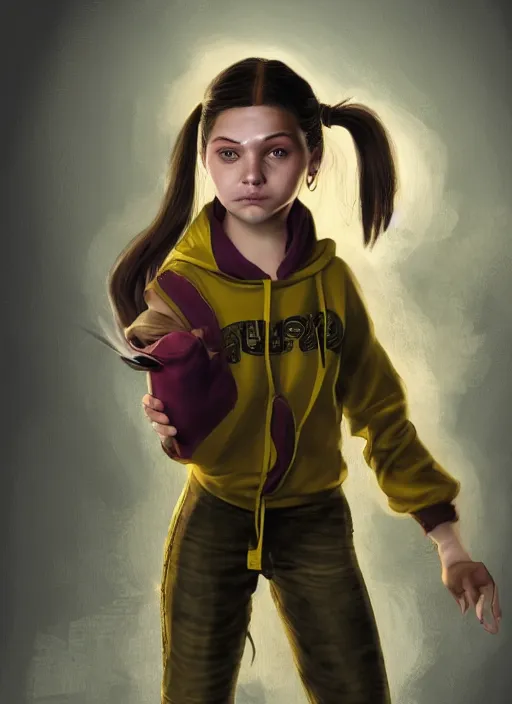 Prompt: An epic fantasy comic book style portrait painting of a young green-eyed feminine boy, fair skin, long brown hair worn in two pigtails, with his left pigtail being shorter than his right, he wears a yellow hoodie with a grey undershirt, unreal 5, DAZ, hyperrealistic, octane render, cosplay, RPG portrait, dynamic lighting