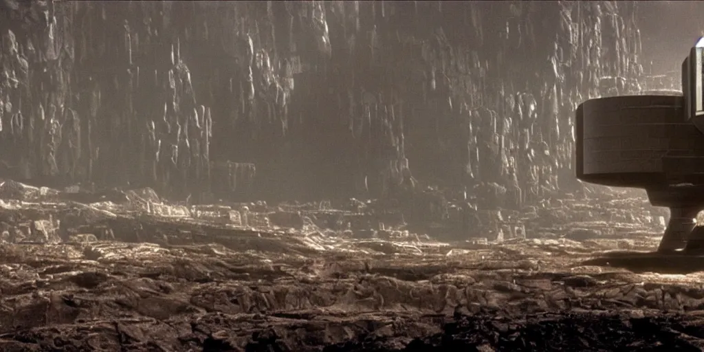 Prompt: sci - fi corporate headquarter building near a mining cave on a desolate mining planet, dark and beige atmosphere, 1 9 8 0 s science fiction film screenshot, film still, dark science fiction, ridley scott,