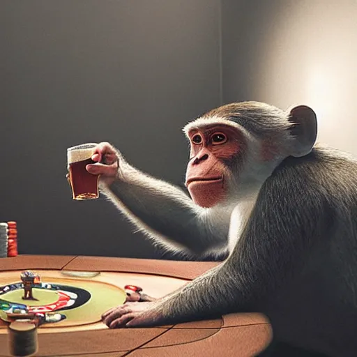 Prompt: Monkey drinking beer playing poker, Hyper Realism, realistic, cinematic lighting, ambient lights,