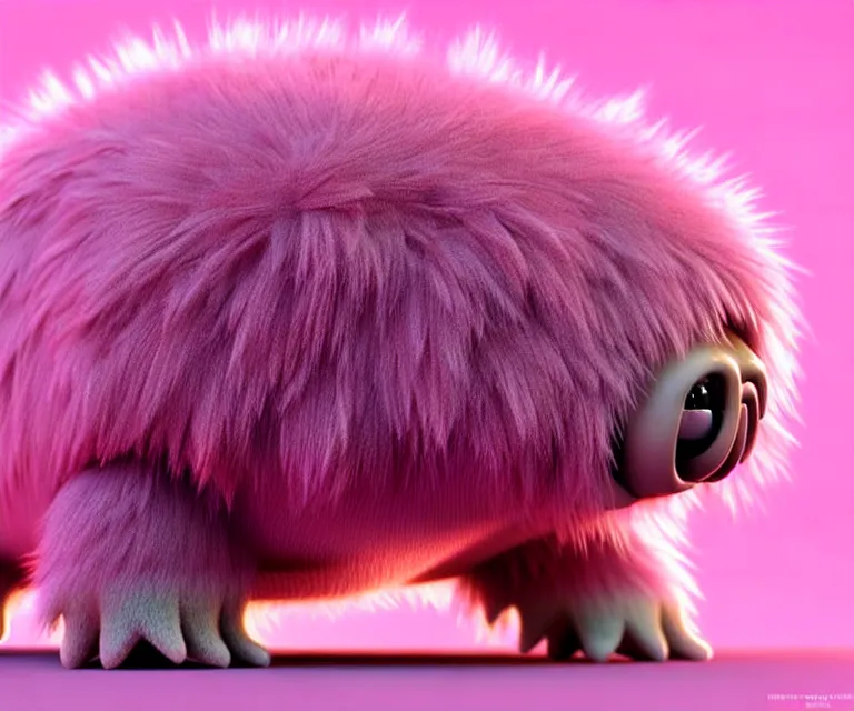 Image similar to high quality 3 d render hyperrealistic very cute small tardigrade, plush mascot, short spiky dense fluffy smooth hair, photo from the side, pink fluffy fur, 1 5 0 mm, beautiful natural soft light, rim light, vray, smooth background, artstation, ultra detailed