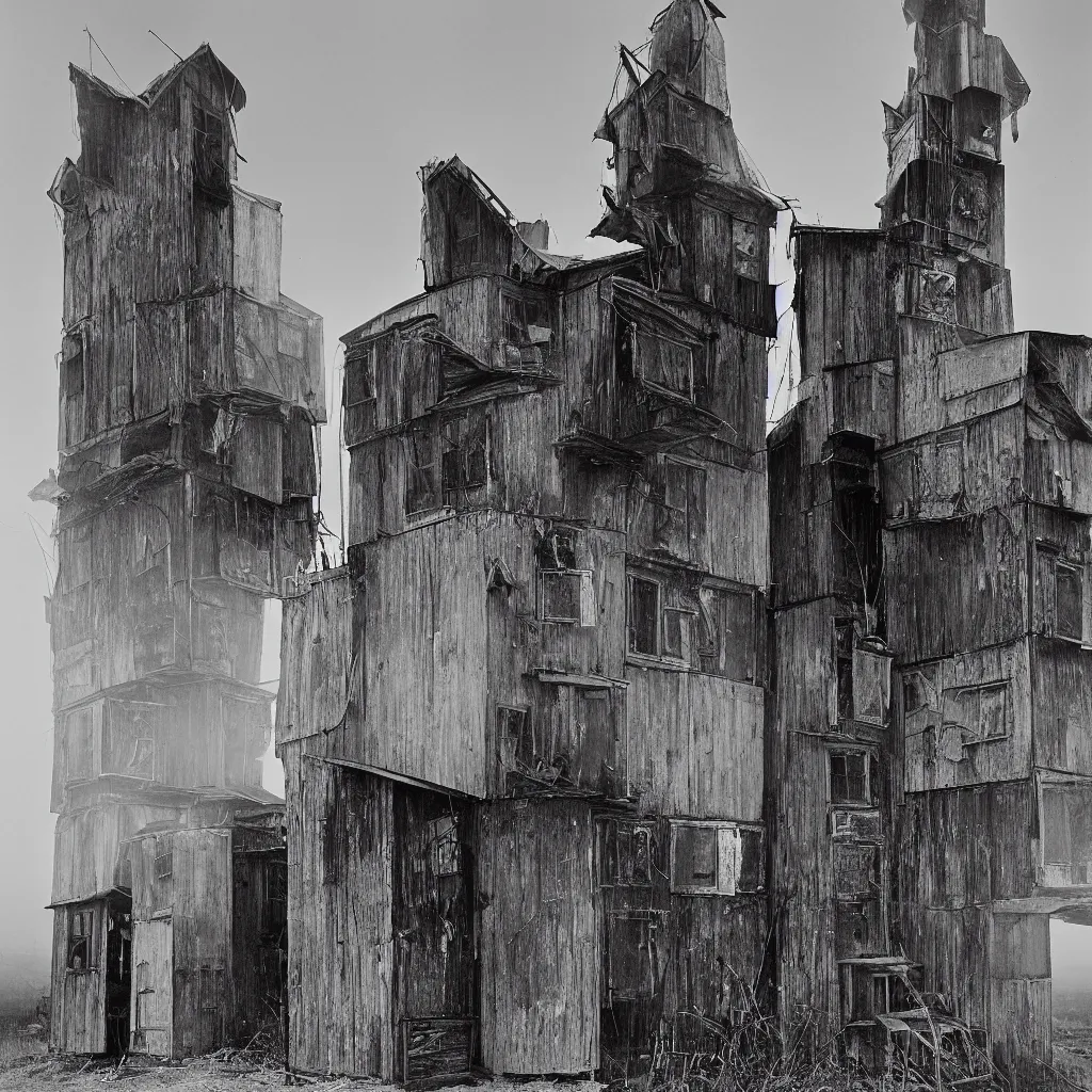 Image similar to two towers, made up of makeshift squatter shacks, misty, dystopia, mamiya rb 6 7, fully frontal view, very detailed, photographed by ansel adams