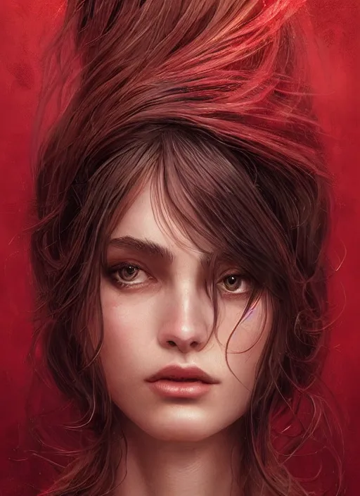 Image similar to vertical portrait of a ruggedly handsome female cleric, soft hair, close - up face, leather, witchy, d & d, fantasy, intricate, elegant, highly detailed, digital painting, artstation, concept art, smooth, sharp focus, illustration, art by artgerm and greg rutkowski and alphonse mucha, plain red background