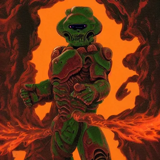 Image similar to Doom marine fighting with daemons on a lava background, Moebius style